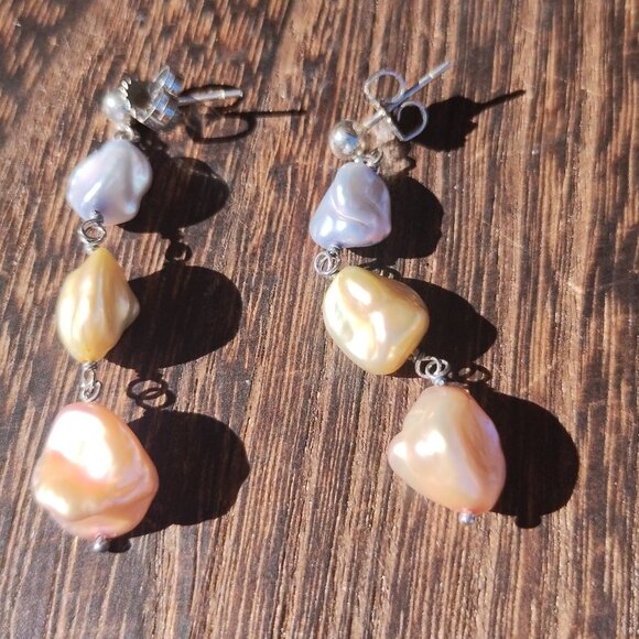 Honora Keshi freshwater Pearl earrings Pastel yellow rose colors 925 Sterling Si - Picture 3 of 7